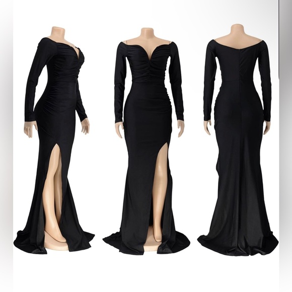 Women's Sexy Formal Dresses Off The Shoulder Long Sleeve High Split Gown - Picture 3 of 3